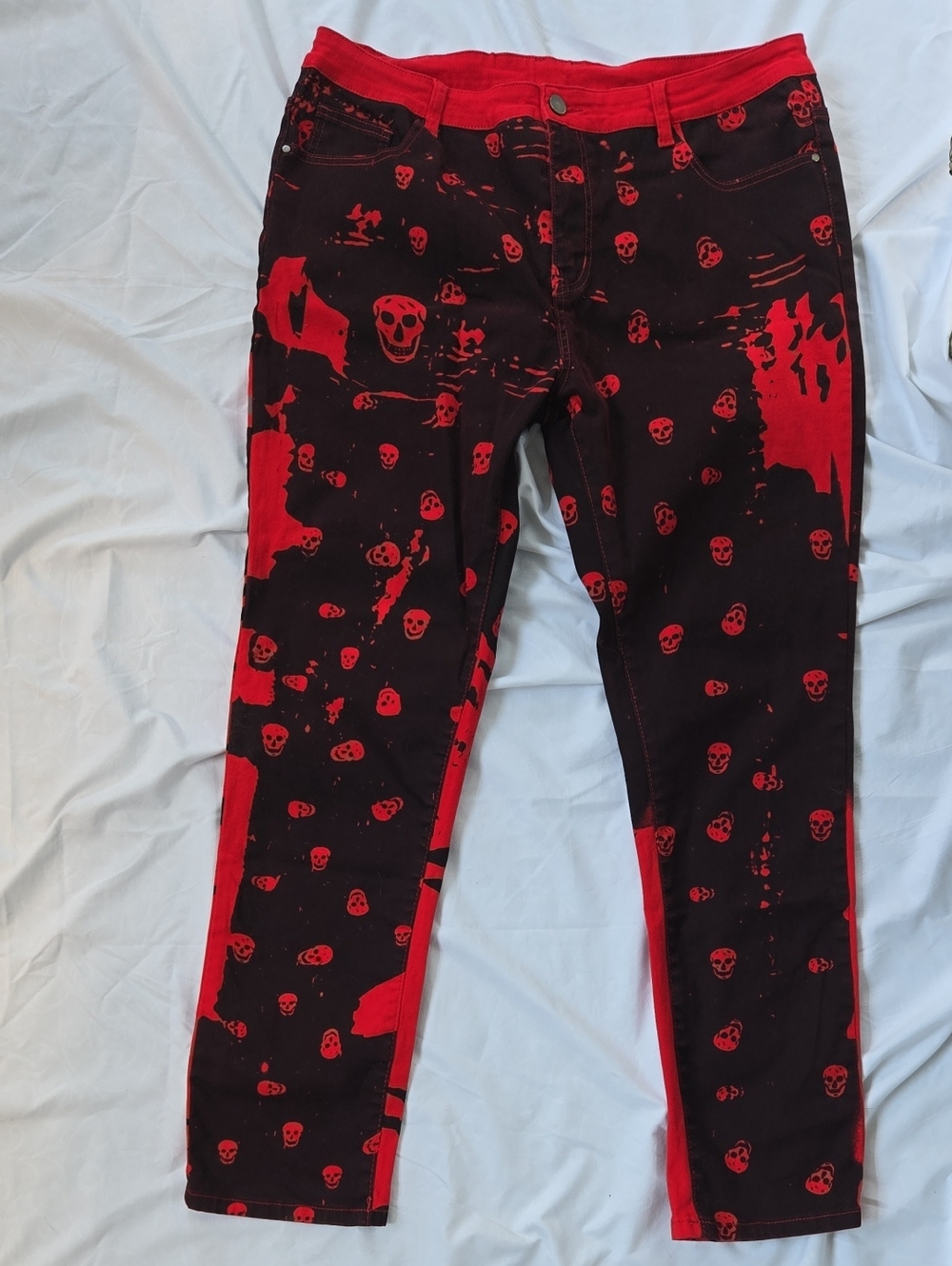 Men's Black Jeans With Multiple Bright Red Skull Graphics All Over Front&Back.